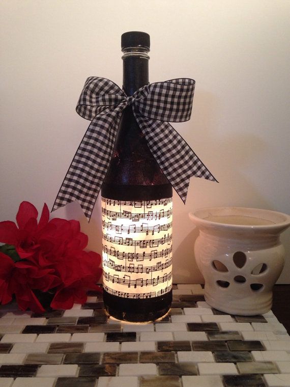 Music Notes  wine bottle lamp. Repurposed wine bottle, decoupaged with fabric an...