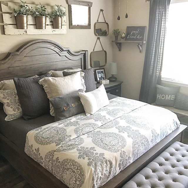 farmhouse gray and white bedroom