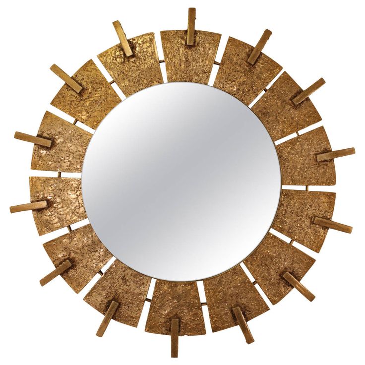 Spanish Brutalist Hand hammered Brass Circular Sunburst Mirror