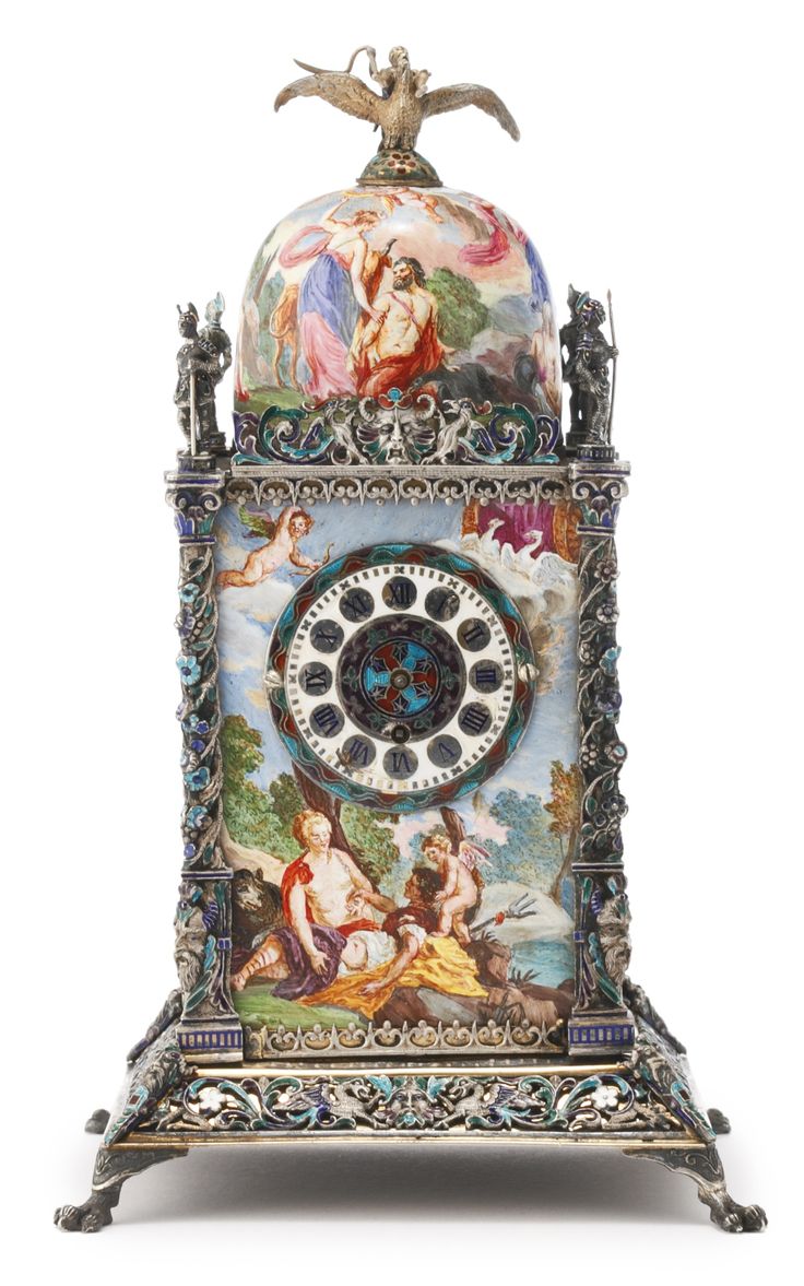 An Austrian silver and enamel tower clock, Vienna, late 19th century | Lot | Sot...