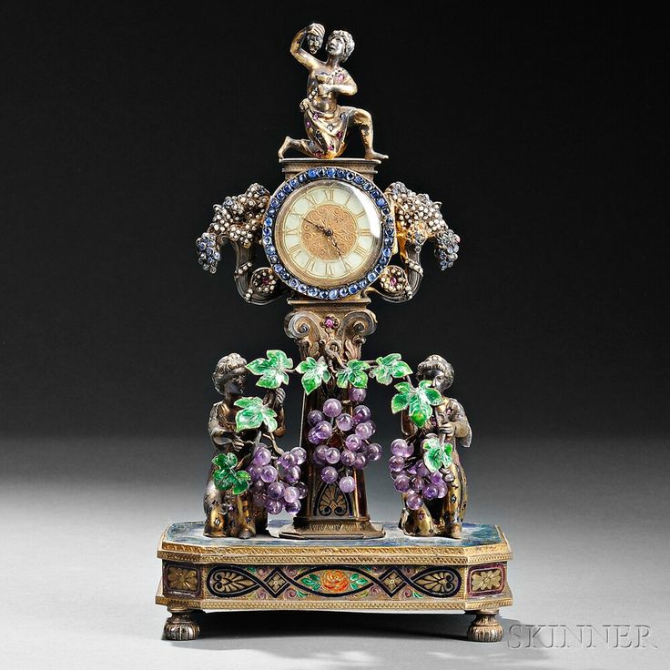 Viennese Silver, Enamel, Lapis, and Amethyst Figural Clock, Austria, late 19th c...