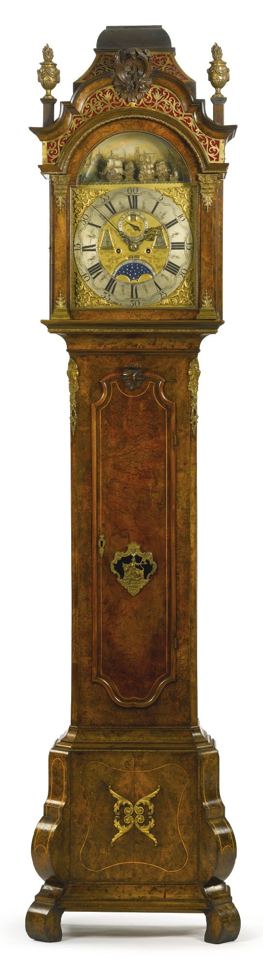 A Dutch rococo ormolu-mounted burr walnut long case clock circa 1760, the dial s...