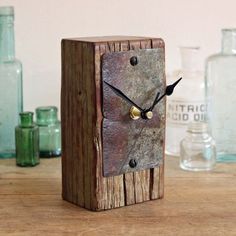 Small Driftwood and Rusty Metal Desk Clock Rustic by ReclaimedTime:
