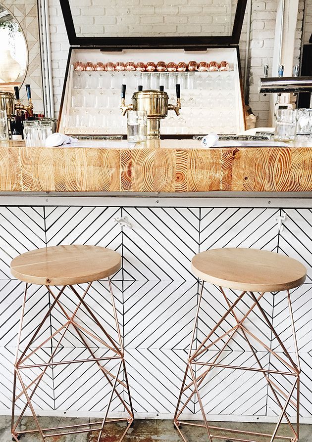 tile backsplash pattern // copper + wood stools