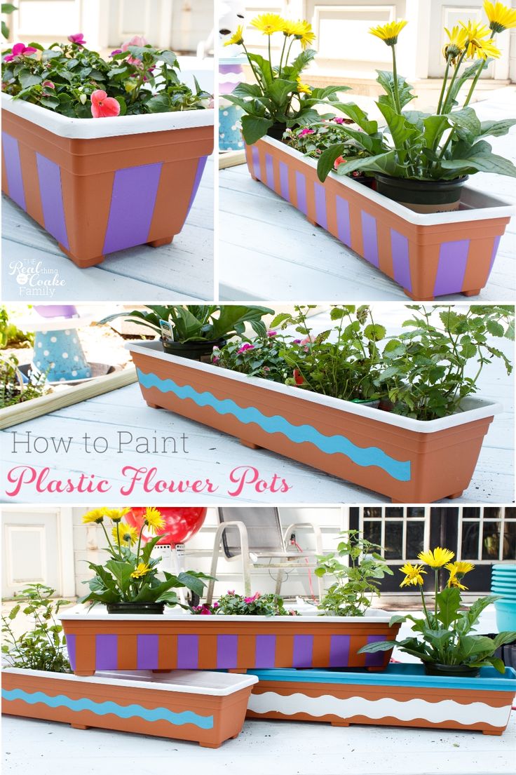 Great DIY showing painting plastic flower pots. Great ideas for our planters and...