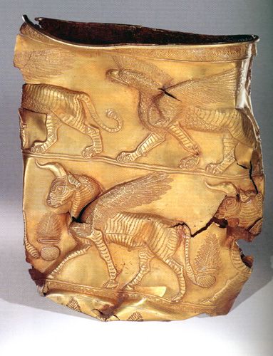 Golden Cup depicting Griffin on top band. Excavated at Marlik, Gilan province of...