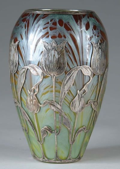 Art Noveau, Loetz art glass vase with silver overlay.