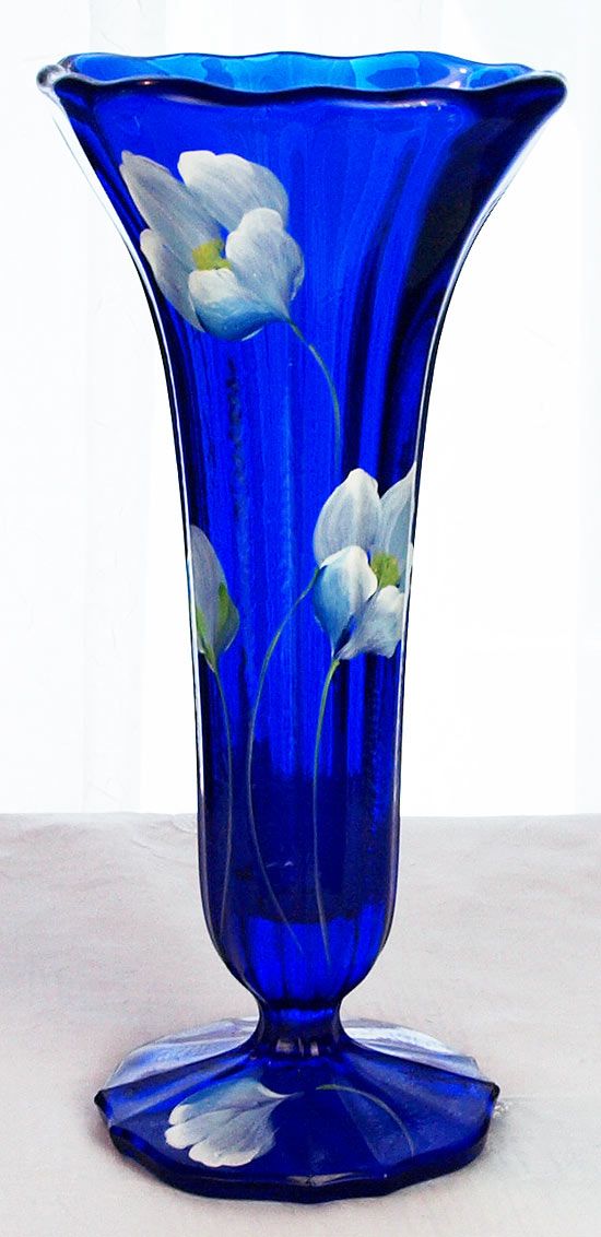 Cobalt Blue Aurora Vase with Handpainted Tulips by Fenton Art Glass Company