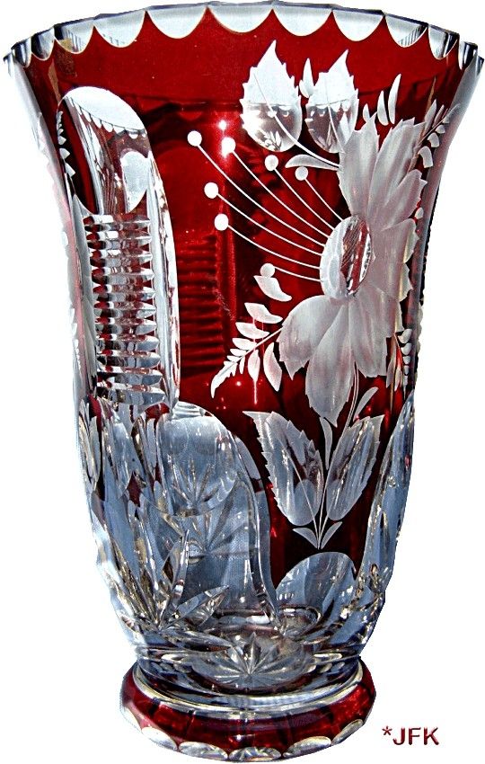 Cut Crystal Glass Vase Bohemian free blown Gold Ruby overlay cut-to-clear Diamon