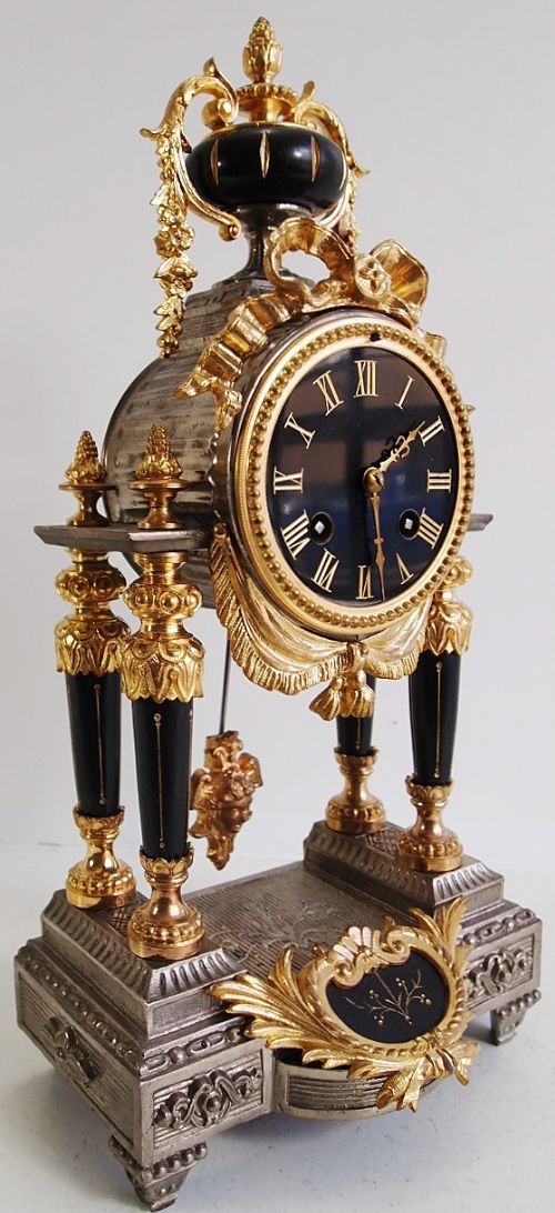 Antique Clock 19thc French 2 tone Gold & Silver Gilt Portico 8 day Mantle Clock ...