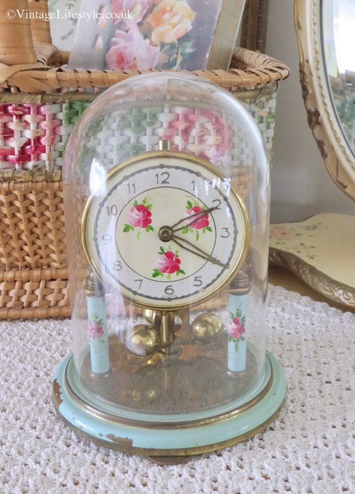 Aqua blue Anniversary Clock with painted pink roses- divine colours....