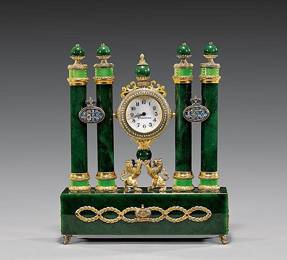 FABERGÉ-STYLE SPINACH & ENAMEL CLOCK Very unusual, Fabergé-style spinach jade ...