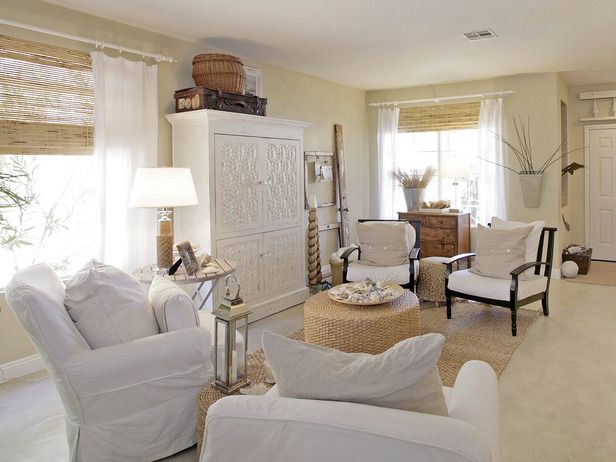 White Cottage Style Living Room with Bamboo Accents from Hgtv.com.  This style i...