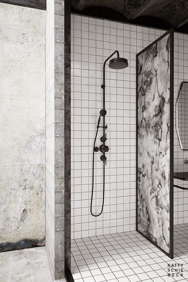 Katty Schiebeck designed this incredible apartment in Barcelona. Tiled bathroom ...