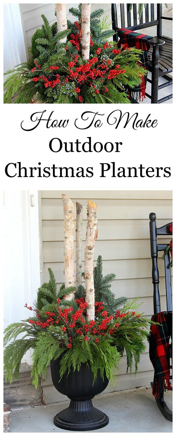Learn how to make these beautiful outdoor Christmas planters made with Birch bra...