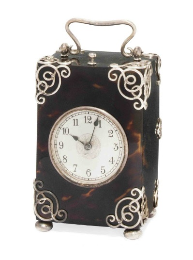 Victorian silver-mounted tortoiseshell boudoir clock.  Batson & Son, London, 189...