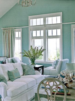 Soft blue and white colors in a beach house living room. #beachhouse