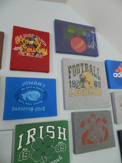 Staple old shirts to a canvas! Would be neat for a game room or a guys room.
