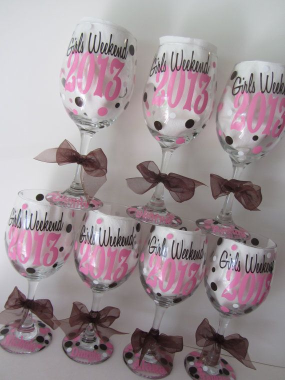 8 Personalized wine glasses- great for bachelorette party, girls weekends, weddi...