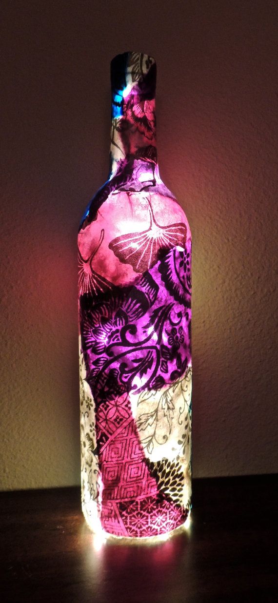 NEW Wine Bottle Light, Wine Bottle Lamp, Decoupage Wine Bottle with Lights, Deco...