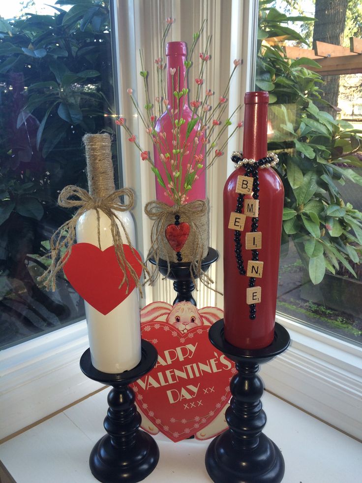 Repurposed a few wine bottles for Valentine's Day using various things from ...