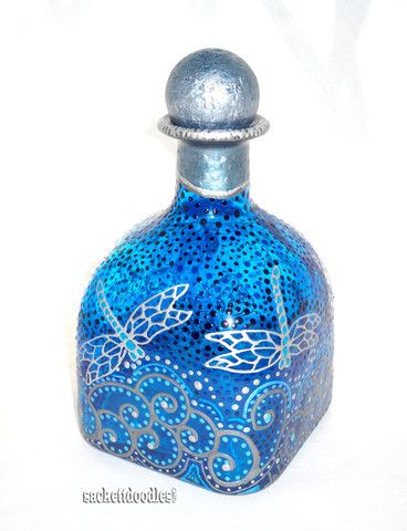 Silver Dragonfly Art on Glass Hand Painted Patron Bottle Decanter Sapphire Blue,...