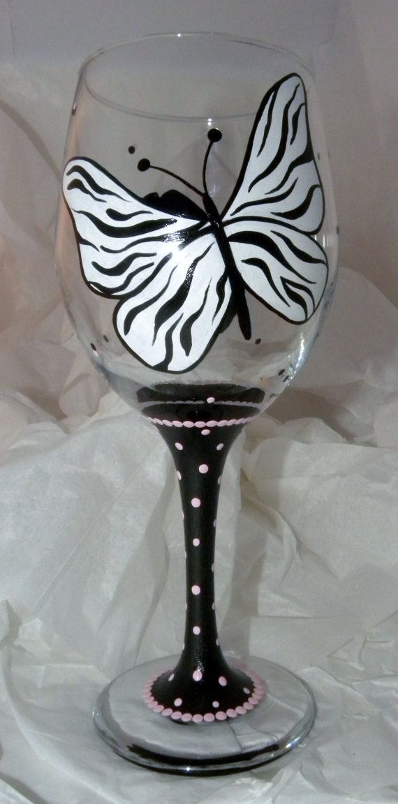 Zebra Butterfly Wine Glass Style 3 by GranArt on Etsy, $20.00