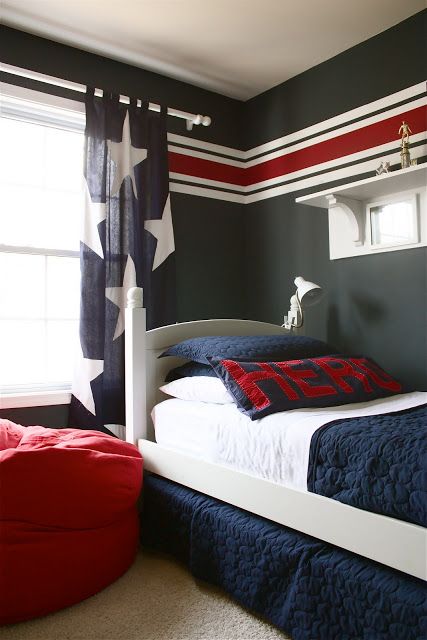 I like the stripes on the wall......khaki background and blue and red stripes fo...