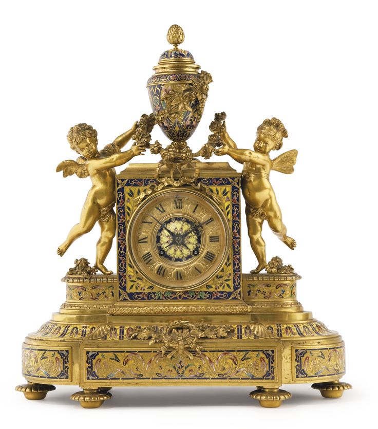 A Louis XVI style gilt bronze, champlevé and cloisonné enamel mantel clockFran...