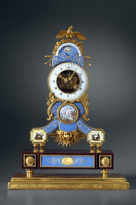 A late Louis XVI astronomical skeleton clock y Lamiral, enamel by Joseph Coteau
