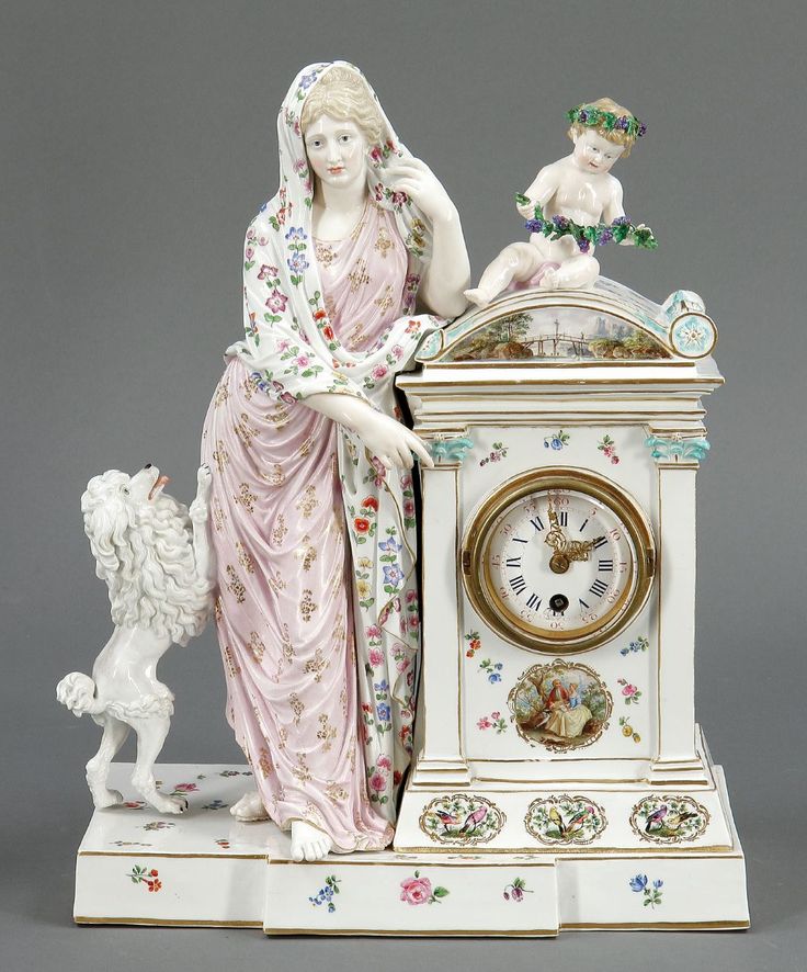 Tischuhr mit Dame und PudelKönigliche Porzellan Manufaktur, Meissen um 1830