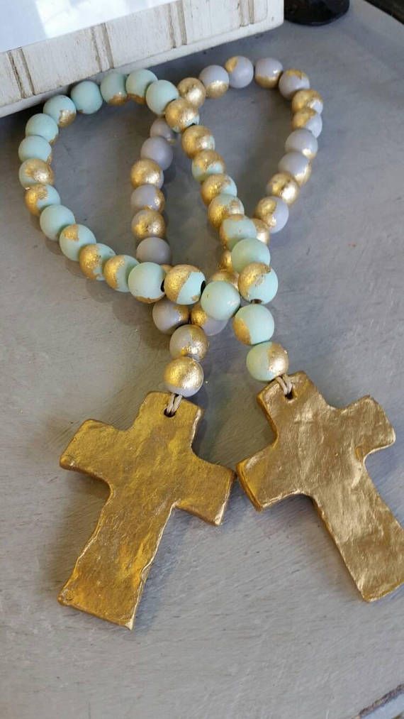 Blessing Beads Wood With Handmade Clay Gold Leaf  Cross