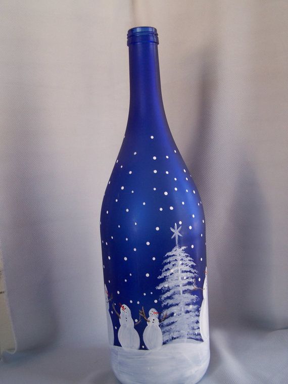 Snowman light up wine bottle, decorative light up wine bottle, Snowman family, cobalt blue, Hand Painted bottle, winter scene