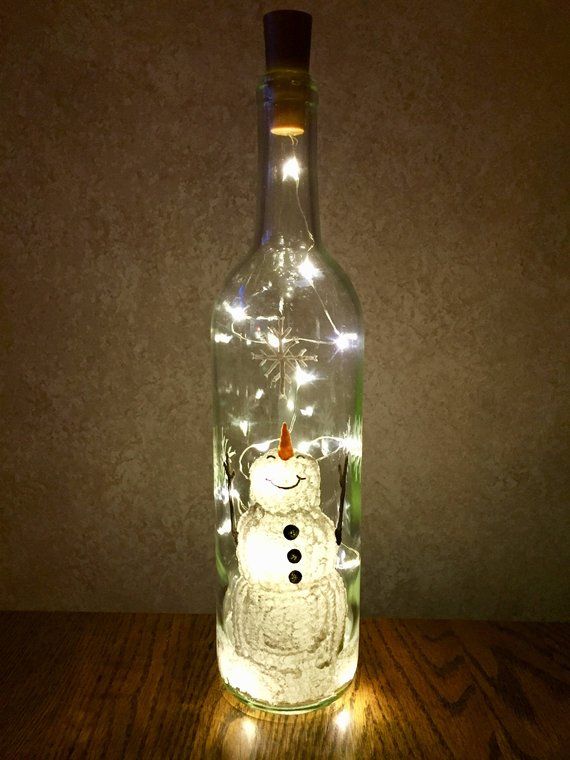 Snowman Wine Bottle Decoration with Lights, Winter Snowman Wine Bottle Decor, Wi...