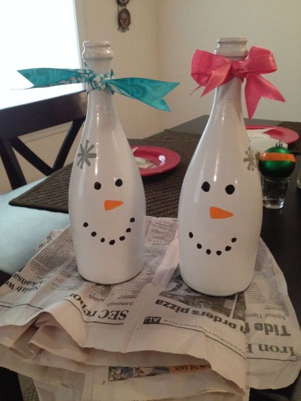 Snowman painted wine bottles by seaturtleheather