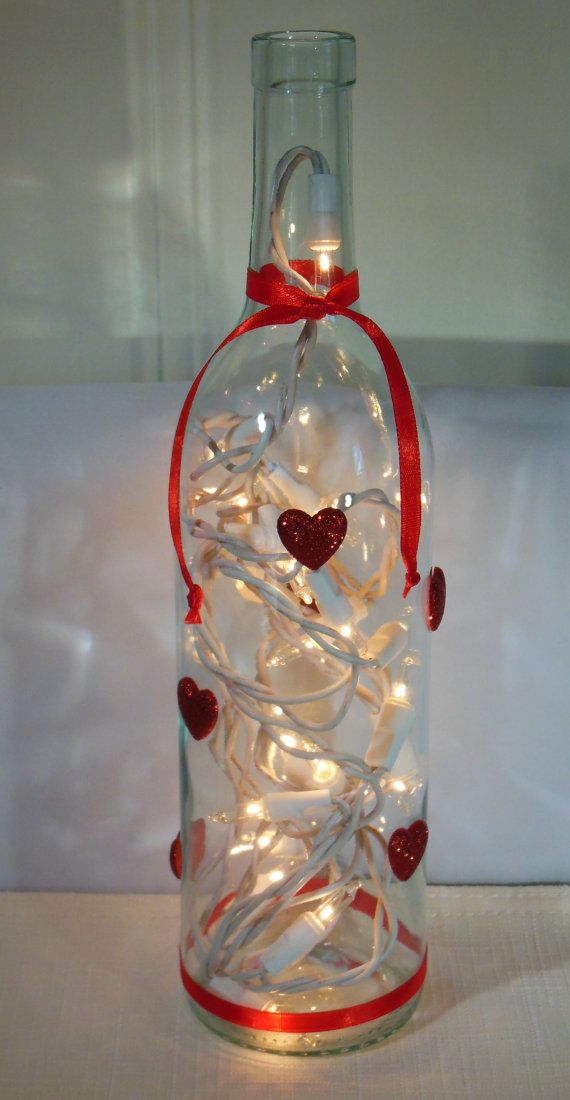 Valentines Wine Bottle Lamp with Red Hearts by EcoArtbyNancy, $23.00