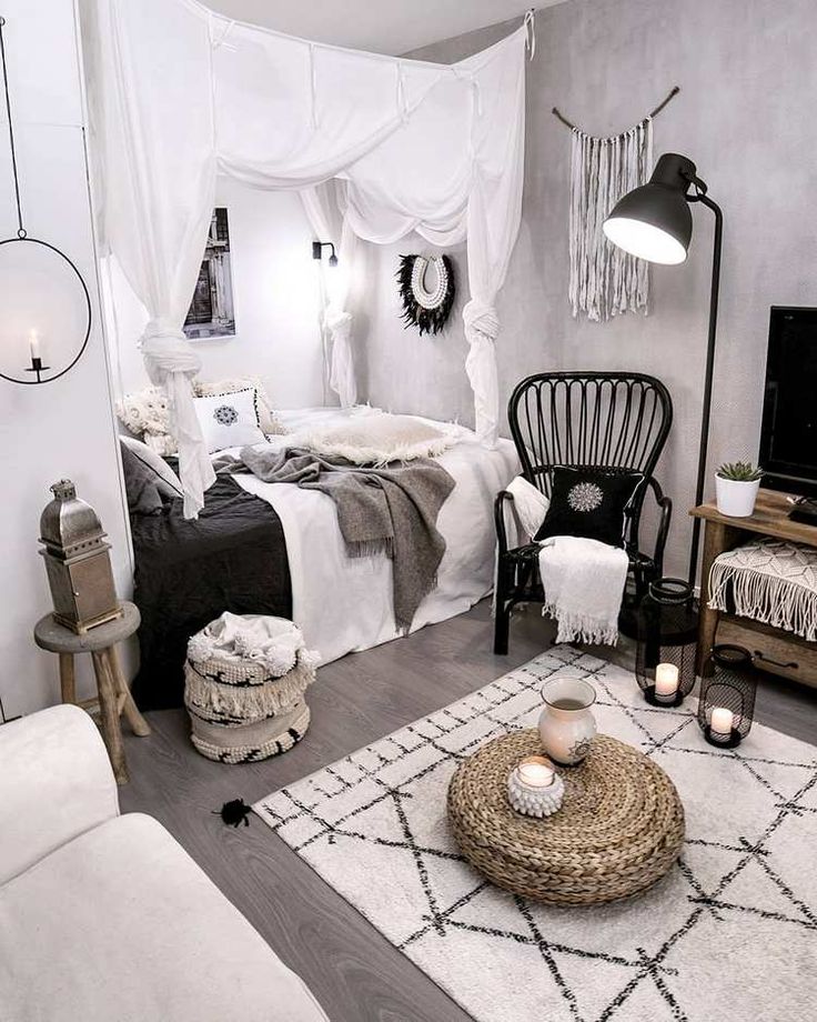 Boho white and black bedroom