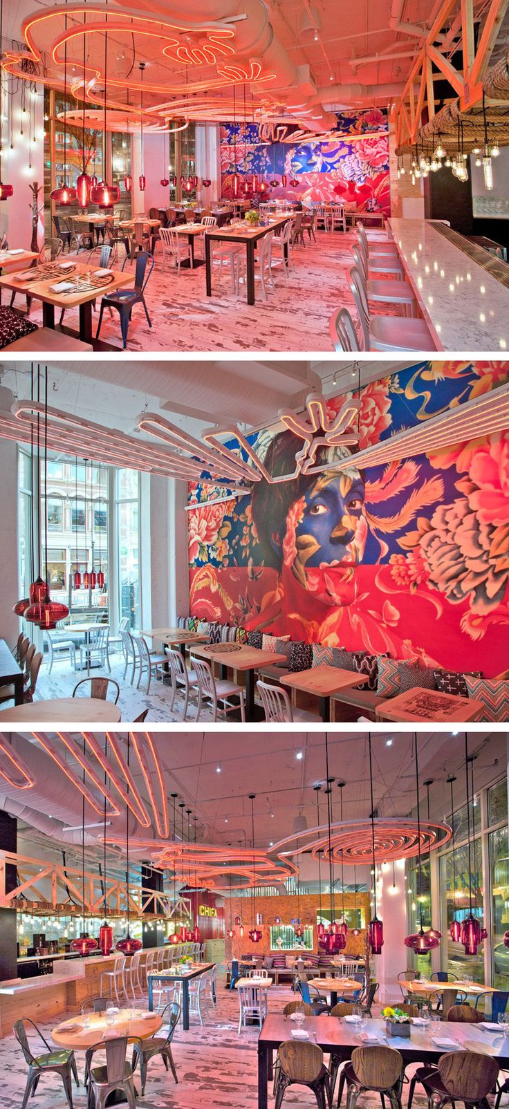 A large mural covers the wall of this brightly colored restaurant.