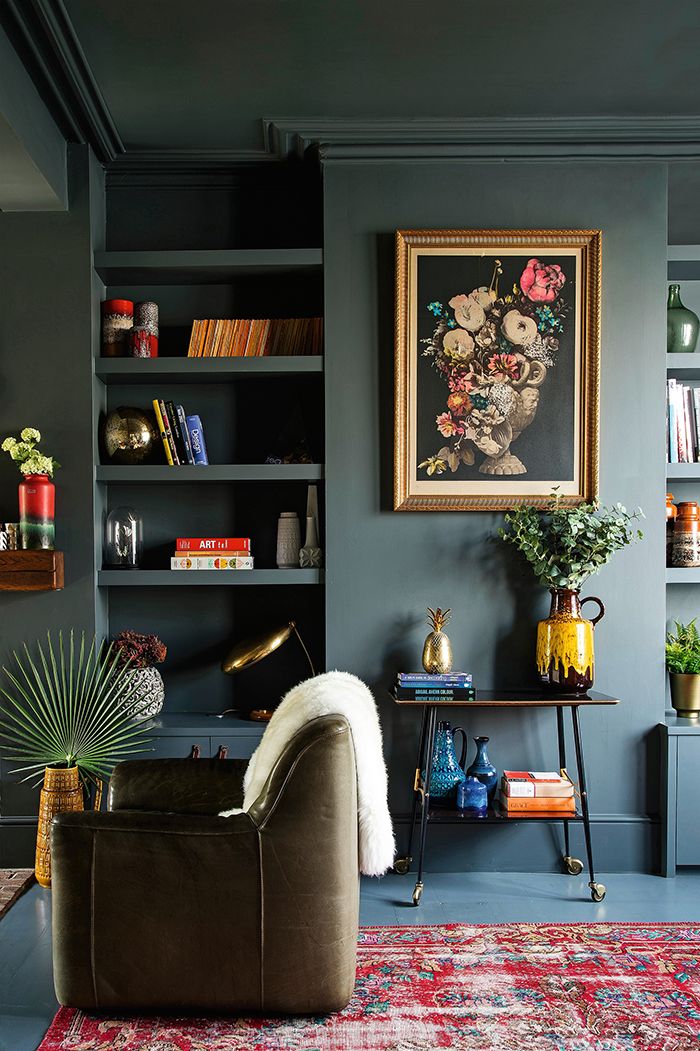 dark grey living room with pops of colour