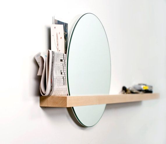 Rise/Set Mirror 18 round mirror and solid wood shelf by JBplusDG