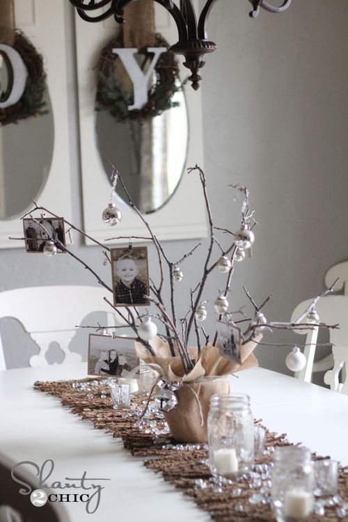 love this photo tree with twigs holiday centerpiece
