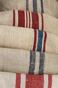 ♥ Grain Sacks. Stencil stripe pattern on drop cloth curtains. for back of kitc...