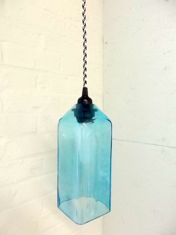 Upcycled Repurposed Bombay Sapphire Hanging Pendant Lamp color fabric cord swag ...