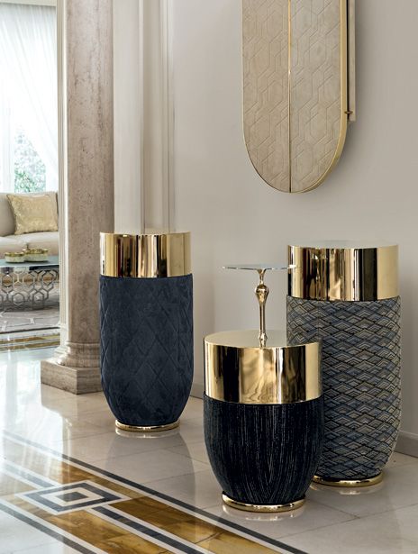 Longhi Godwin Tables. Leather Base, Bright Gold Top