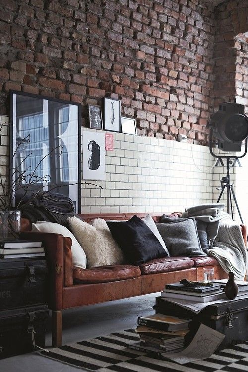 industrial living room with brick wall