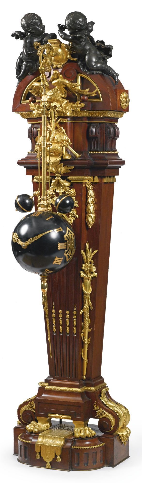 A Louis XIV style gilt and patinated bronze mounted mahogany torsion pendulum lo...