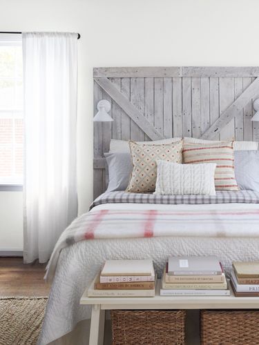 reclaimed headboard gray & white bedroom