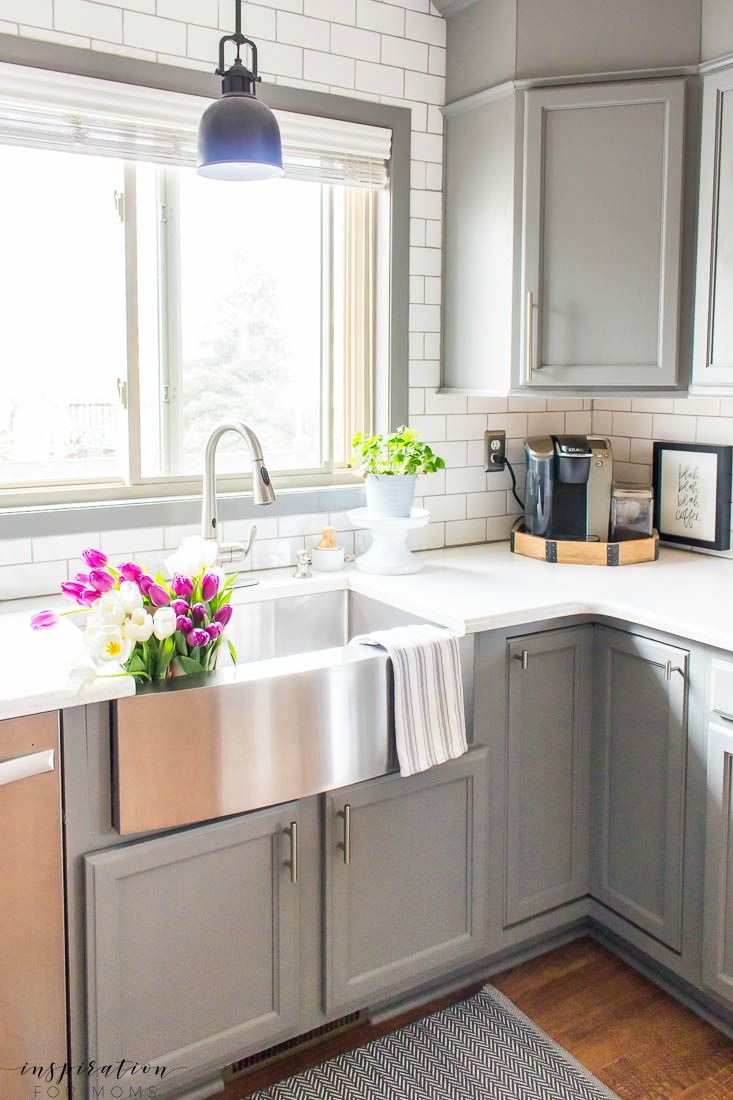 Kitchen and Dining Room Spring Tour Farmhouse Sink Grey Cabinets Subway Tile