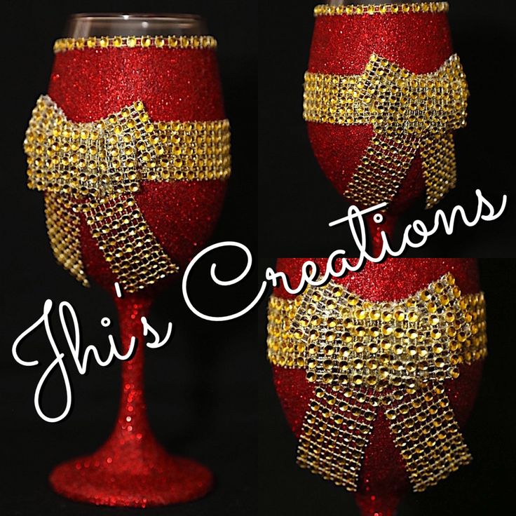 Custom decorated/glittered wine glass in red and gold w/ rhinestone bow... #Jhis...