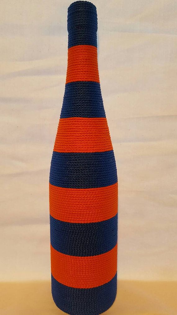 Decorated Wine Bottle - Striped, blue and orange. Detroit Tigers themed! Chic ho...